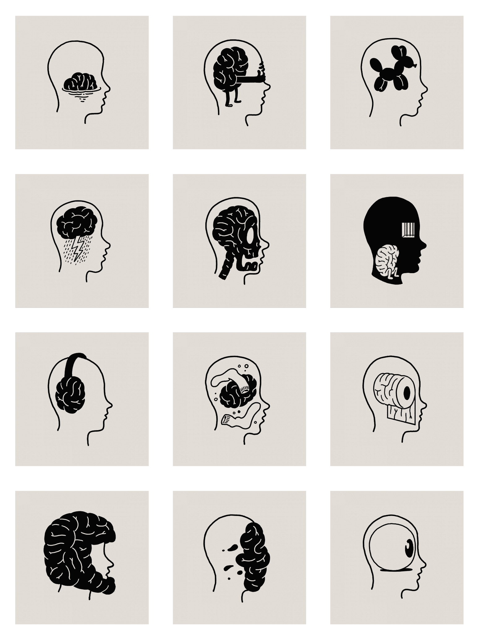 A grid of twelve illustrations, each of which is the outline of a human head and a cartoonish relationship between the mind and its container. There is a brain sitting in water in the head, a brain reaching around the head to cover the eyes, a balloon dog inside the head, a brain as the rain cloud for a thunderstorm inside the head, the brain forming a skull inside the head, the brain sitting in a dark prison of the head, the brain forming headphones/earmuffs, the head acting as a washing machine with brain and socks inside, the brain as a toilet paper roll in the head, the brain as a motorcycle helmet, the brain stuck on the face like someone who just got pied, and finally a giant eyeball inside the head.